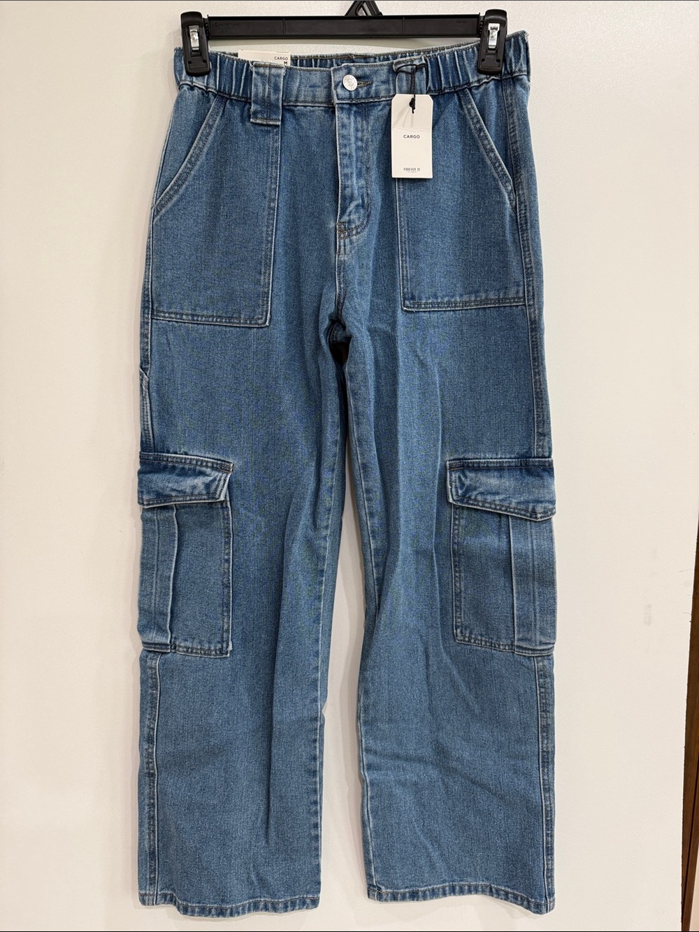 Forever 21 Women's Blue Wide-Leg Cargo Denim Jeans